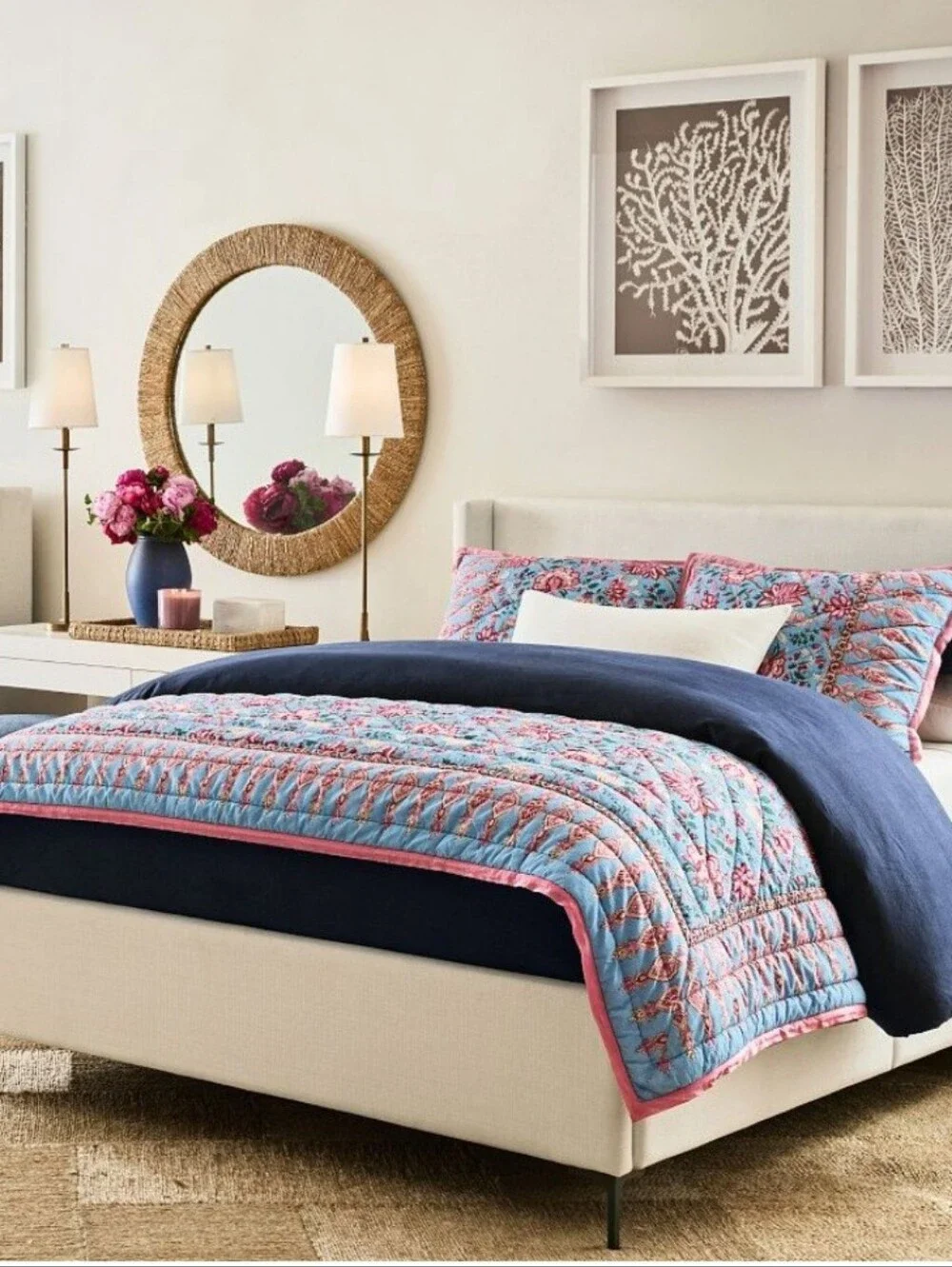 POTTERY BARN Shannon Reversible Kingsize Quilt w/ 2 Matching Shams In Pink/Blue